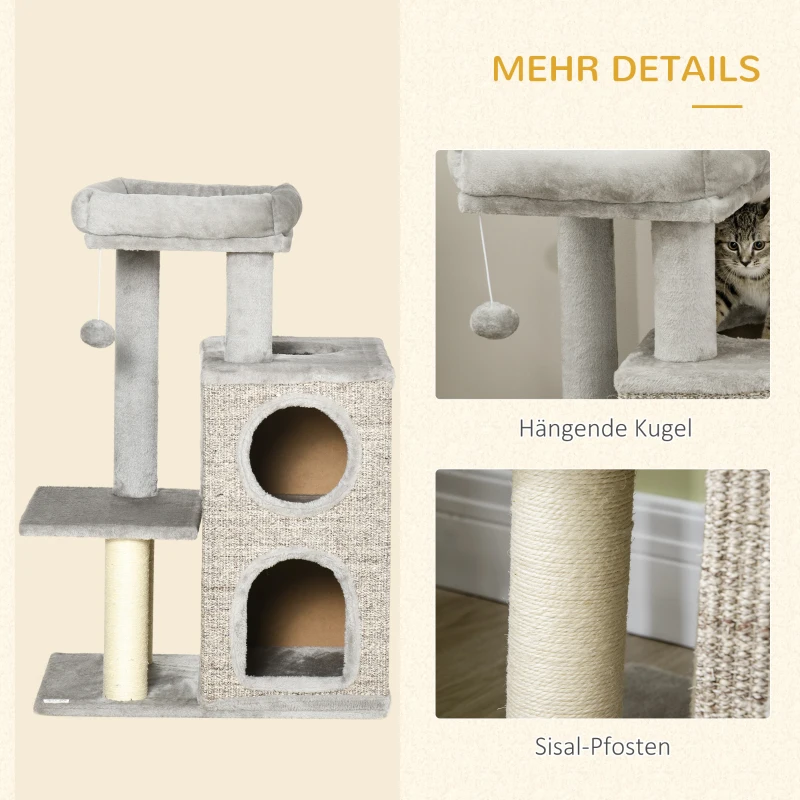 PawHut kattenboom met kattengrot, kattenbed en speelbal, 60 cm x 40 cm x 91 cm, lichtgrijs+naturel
