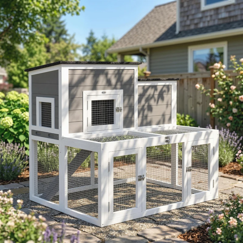 PawHut Clapier Lapin Extérieur en Bois Cage à Lapin Intérieur Double Toit Ouvrant Imperméable 2 Niveaux avec Enclos Gris