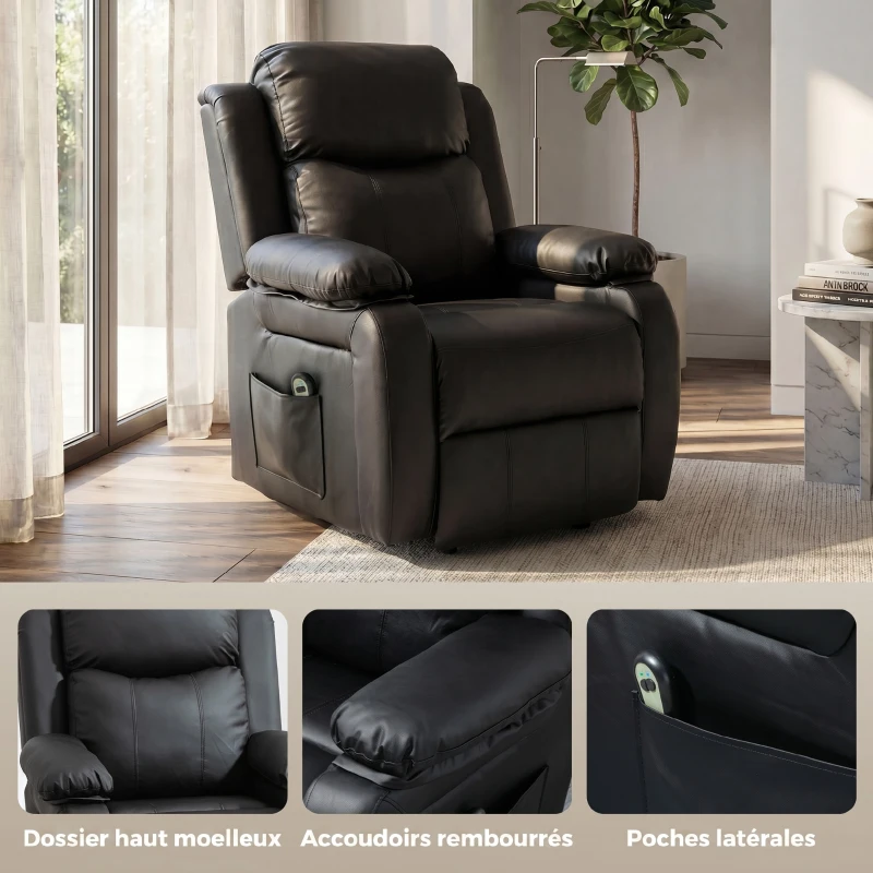 HOMCOM Fauteuil releveur électrique fauteuil relax électrique avec repose-pied télécommande et 2 pochettes 76x90x105cm noir