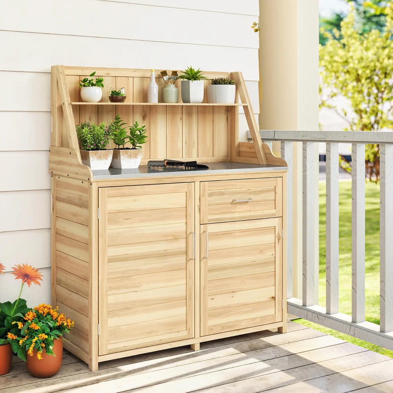 Outsunny Armoire de Jardin en Bois avec Plan de Travail en Métal Galvanisé Tiroir et Étagère 100x45x129,5cm Naturel