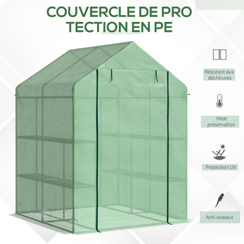 Outsunny Serre de Jardin avec Étagères 3 Niveaux, Petite Serre de Balcon en Bâche PE 140 g/㎡ Renforcée 143 x 138 x 190 cm, Vert