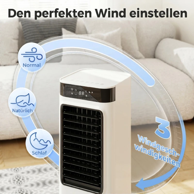 HOMCOM Mobiler Luftkühler, 3-in-1 Verdunstungskühler mit 7-Liter-Wassertank, 48° Schwenkfunktion, Weiß