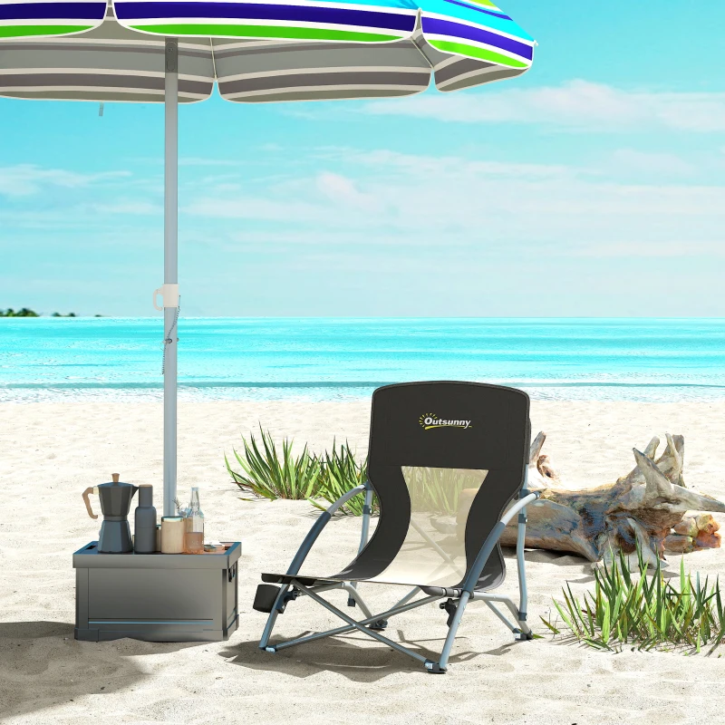 Outsunny Sedia da Spiaggia Pieghevole con Schienale a Rete e Portabicchieri, in Metallo e Tessuto Oxford, 58x55x62 cm, Nero