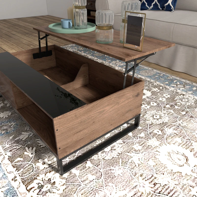 HOMCOM bijzettafel met liftfunctie, verborgen opbergvak, walsnushoutlook, stalen frame, 102 x 58 x 35,5 cm(m-9)