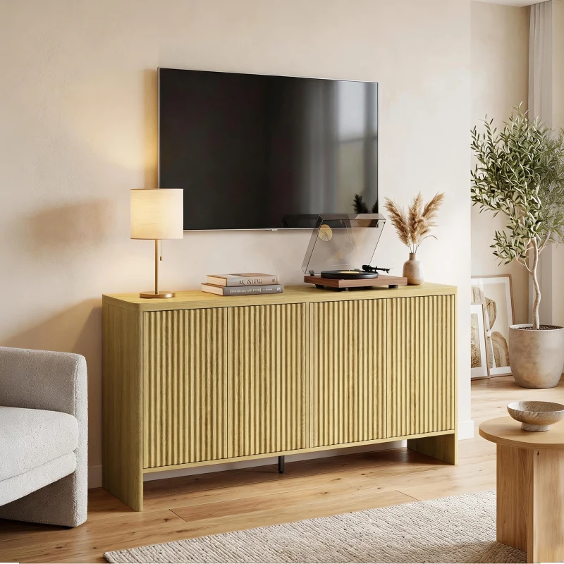 HOMCOM Buffet salon, meuble de rangement avec 4 portes rainurées, étagère réglable, ouverture par pression, 147x40x77cm, chêne