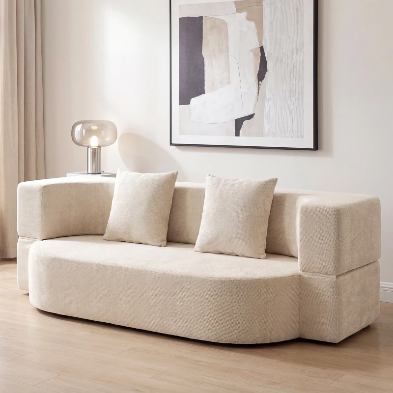 HOMCOM Sofá Convertible 2 Plazas Sofá Cama en Chenilla 190 cm Respaldo Abatible Asiento y Reposabrazos Anchos Beige