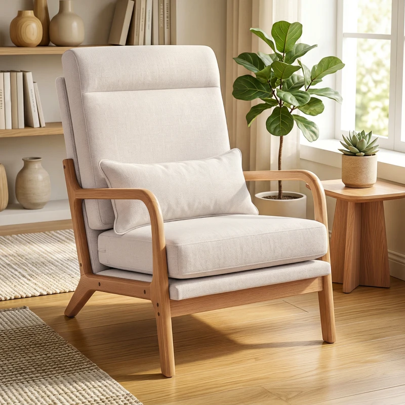 HOMCOM Fauteuil salon, fauteuil d'appoint rembourré en lin avec large assise, support lombaire, haut dossier, 64x86x93cm, crème