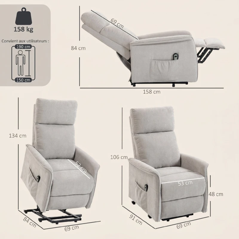 HOMCOM Fauteuil Releveur Électrique, Fauteuil Relax Électrique en Chenille avec Coussin à Ressorts, Dossier Inclinable, Gris
