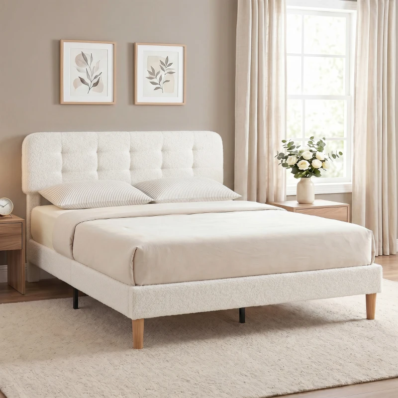 HOMCOM Cadre de lit 160x200cm avec sommier, tête de lit réglable, lit double rembourré en velours teddy, lattes en bois, blanc