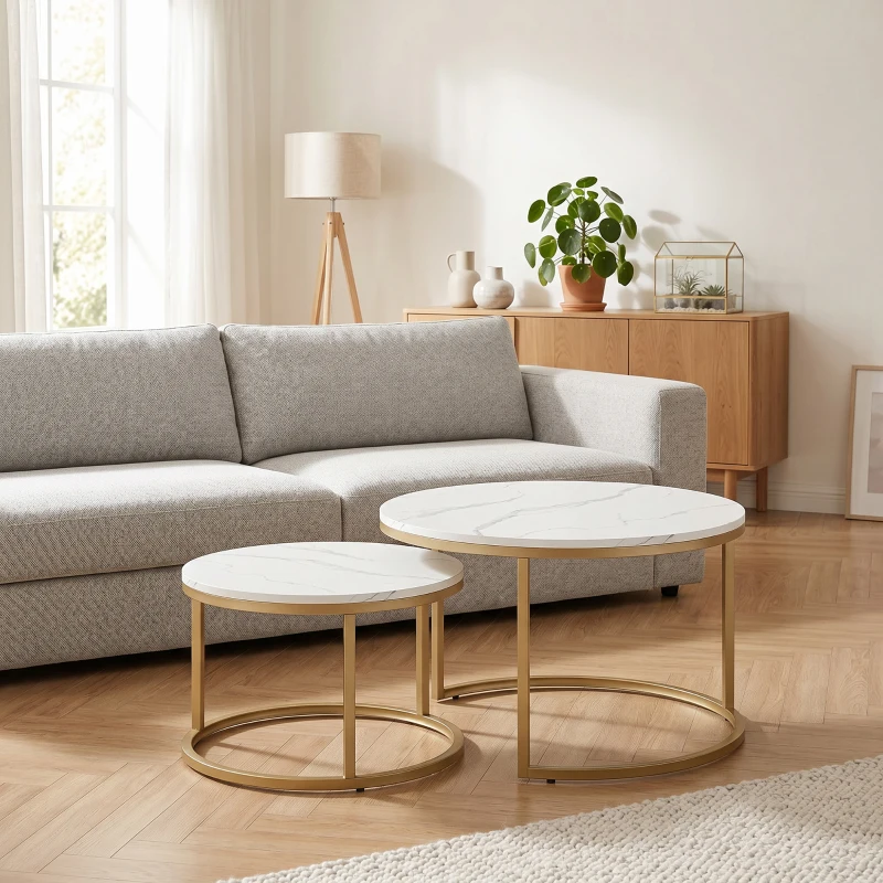 HOMCOM Lot de 2 tables basses gigognes empilable design industriel plateau imitation ciment pieds en métal blanc