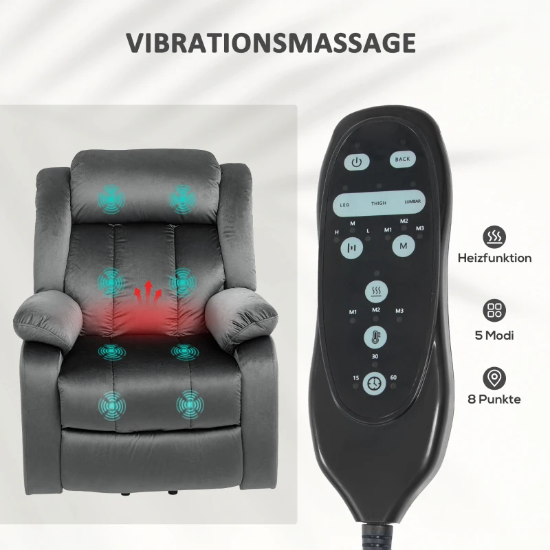 HOMCOM Aufstehsessel mit Massagefunktion und Lendenheizung, Recliner-Sessel mit Fernbedienungen und Seitentaschen, Braun