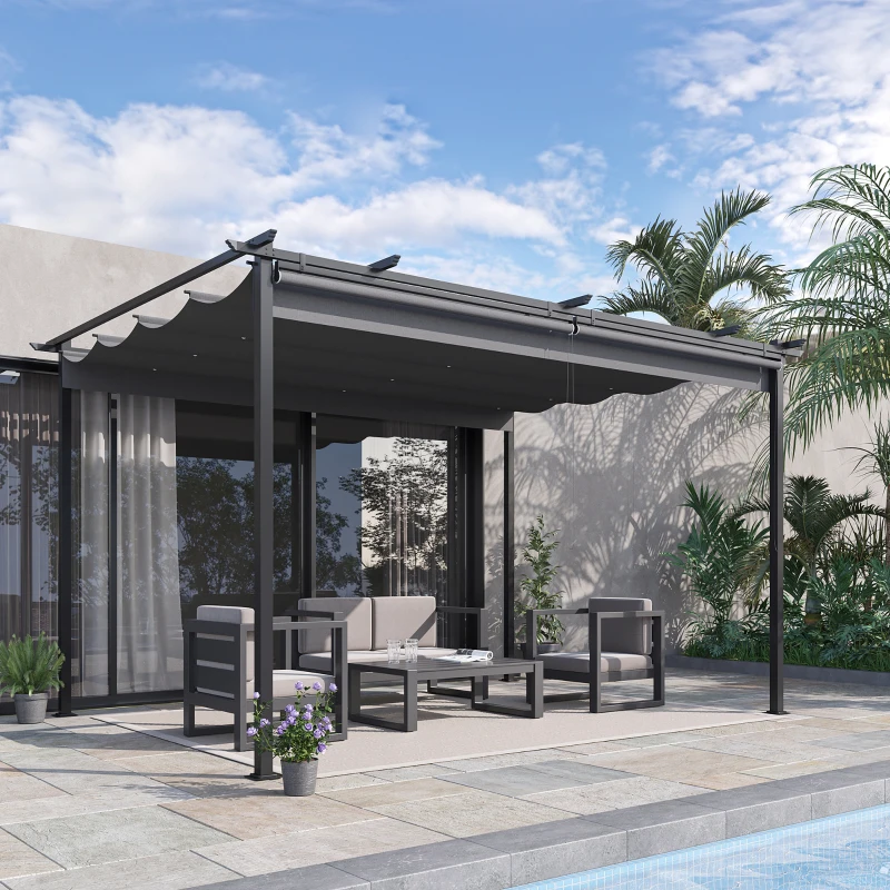 Outsunny Pérgola de Jardim com Teto Retrátil 4 Cortinas Enroláveis de Poliéster e Estrutura de Metal 3,95x2,95 cm Cinza Escuro