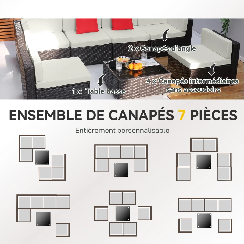 Outsunny Ensemble salon de jardin 7 pièces modulables, coussins déhoussables inclus, table basse avec plateau verre trempé, en résine tressée, brun foncé