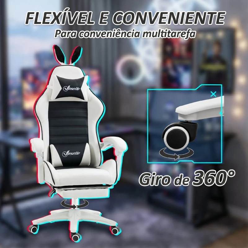 Vinsetto Cadeira Gaming Giratória de Couro PU com Altura Ajustável Inclinável 135° Apoio para a Cabeça 65x63x136-142 cm Branco e Preto
