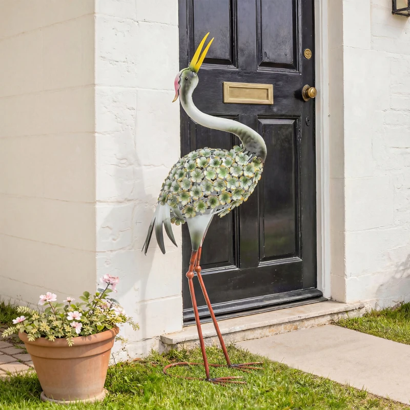 Outsunny Statues de Jardin, Sculpture de Héron en Métal, Statues d'oiseaux 71 cm, pour Cour, Étang, Terrasse, Vert
