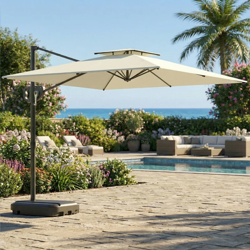 Outsunny Parasol déporté carré 2,5 x 2,5 m, parasol de jardin extérieur, Double Toit, inclinable, 2 bases, manivelle, Crème