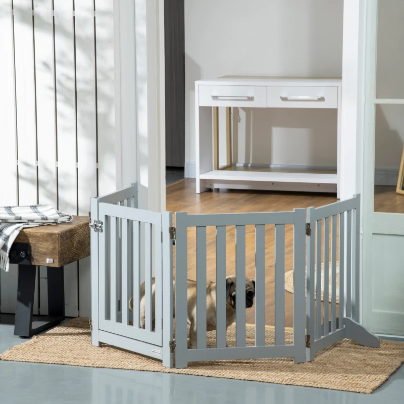 PawHut Barrera de Seguridad para Perro Plegable de Doble Cara en Madera, 4 Paneles con Puerta, Pies de Soporte, 205 x 60 cm, Gris