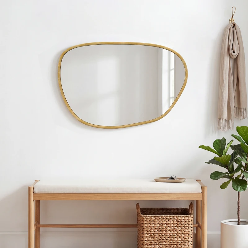 HOMCOM Miroir mural, miroir décoratif asymétrique 90x60cm en verre trempé pour salle de bain, chambre, salon, couloir, naturel
