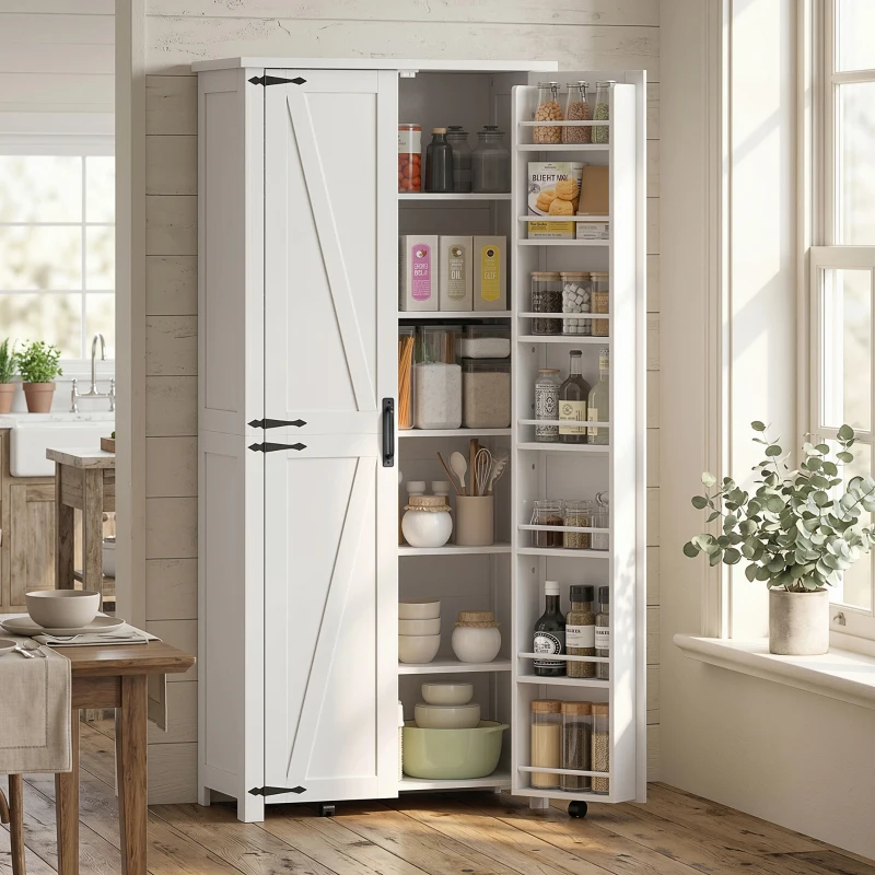 HOMCOM Buffet haut cuisine, armoire cuisine, 2 portes avec roulette, 6 compartiments, 14 porte-racks, étagères réglables, blanc