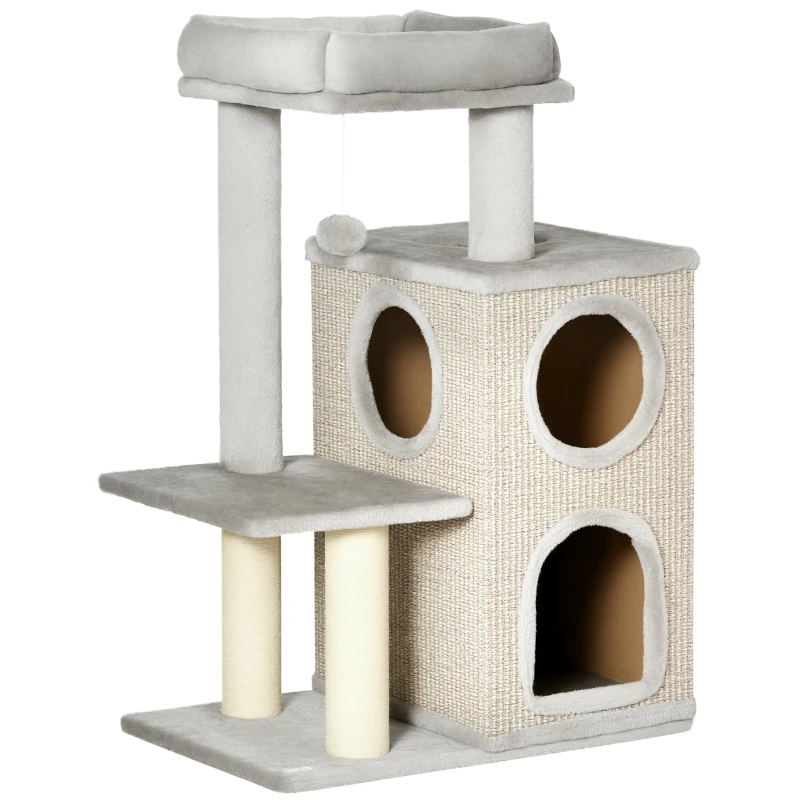 PawHut kattenboom met kattengrot, kattenbed en speelbal, 60 cm x 40 cm x 91 cm, lichtgrijs+naturel