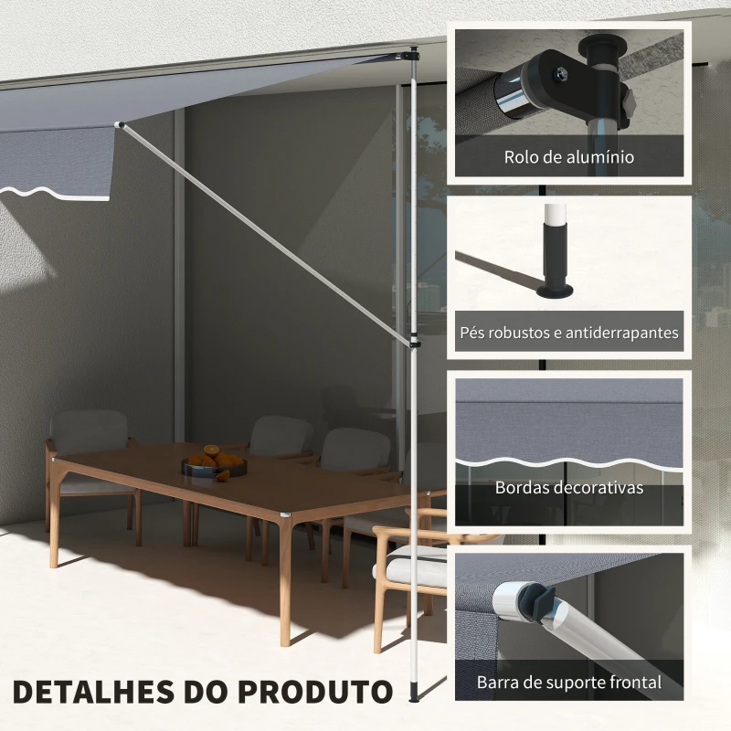 Outsunny Toldo Manual Retrátil 4x1,2 m Altura Ajustável 170-280 cm com Manivela Anti-UV e Impermeável Sem Perfuração Cinzento Escuro