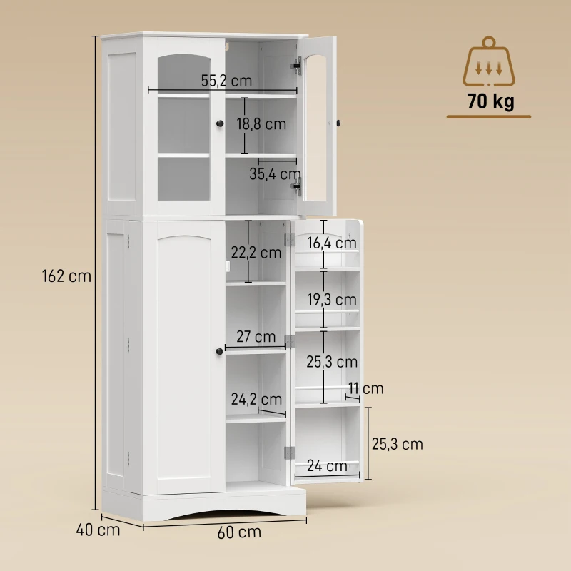 HOMCOM Buffet haut cuisine, vaisselier vitrine en acrylique, 4 portes, 10 compartiments, 8 porte-racks, 60 x 40 x 162 cm, blanc