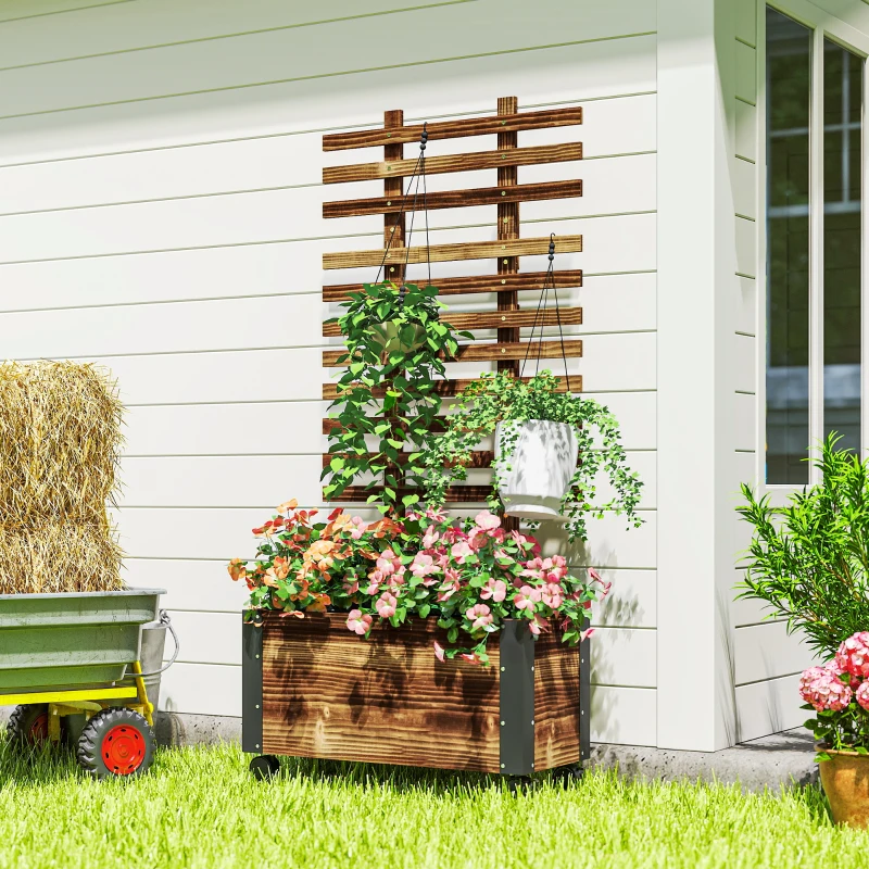 Outsunny Floreira Exterior de Madeira Floreira com Treliça para Plantas Trepadeiras Tecido não Tecido Rodas 65x31x147 cm Madeira