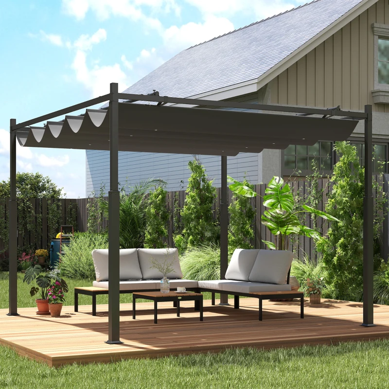 Outsunny Pergola de jardin exterieur 3 x 3 m avec toit rétractable et fixation magnétique, abri soleil UPF30+, gris