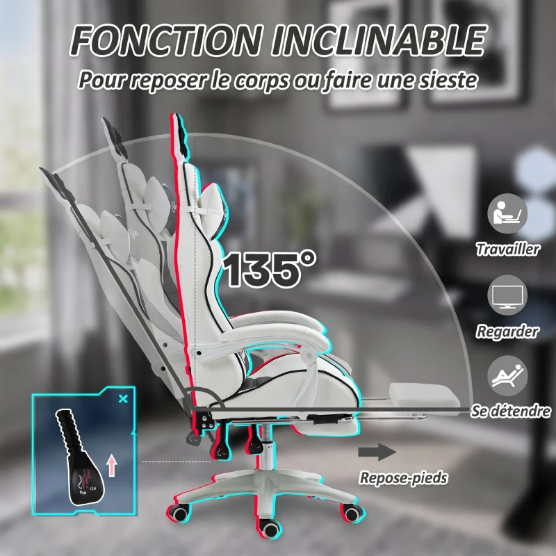 Vinsetto Chaise de gaming avec support lombaire, hauteur réglable, dossier inclinable, oreilles de lapin et appui-tête, noir