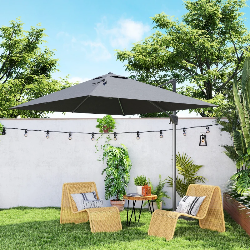 HOMCOM Chapéu de Sol de Jardim 245x245x248cm Chapéu de Sol Excêntrico com Rotação 360° Inclinação de 5 Níveis com Manivela e Ventilação para Pátio Terraço Cinza