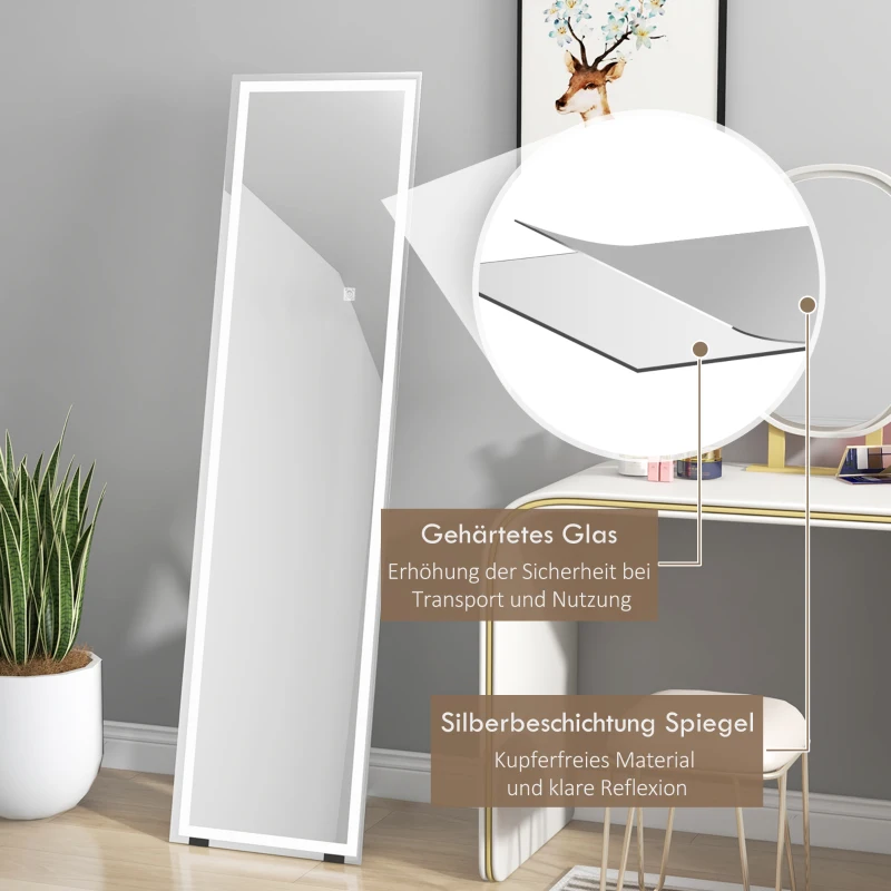 HOMCOM Staande spiegel Wandspiegel, volledige lichaamsspiegel, met LED's, 40 cm x 150 cm, Wit + Zilver
