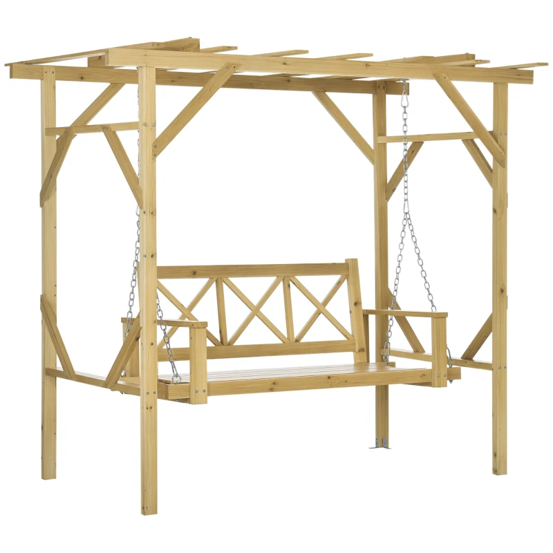 Outsunny schommelbank met pergola, 2-zits tuinschommel, massief hout, naturel