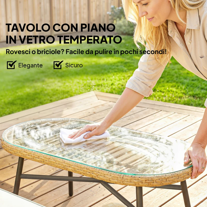 Outsunny Salotto da Giardino 4pz con 2 Divani 2 Posti, Angolo e Tavolino da Caffè, in Acciaio e Rattan, Legno e Crema
