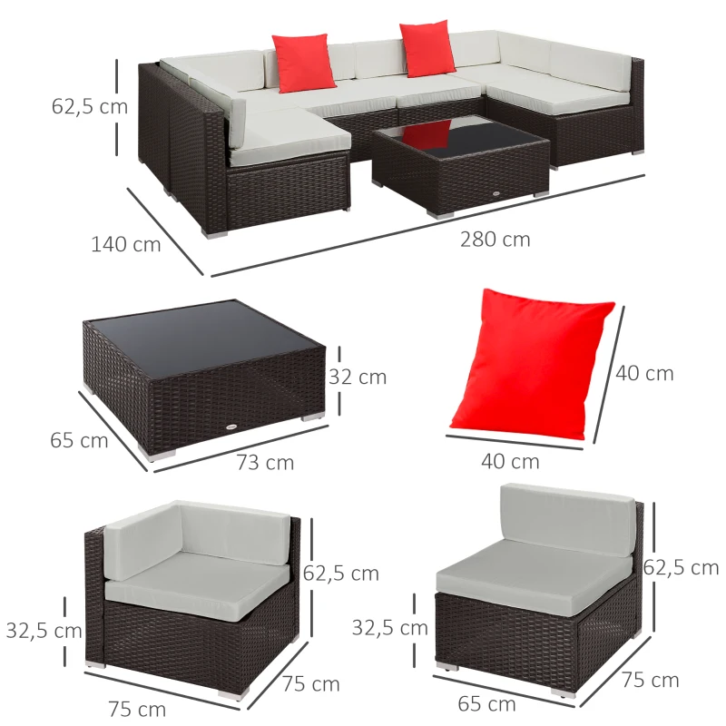 Outsunny Ensemble salon de jardin 7 pièces modulables, coussins déhoussables inclus, table basse avec plateau verre trempé, en résine tressée, brun foncé