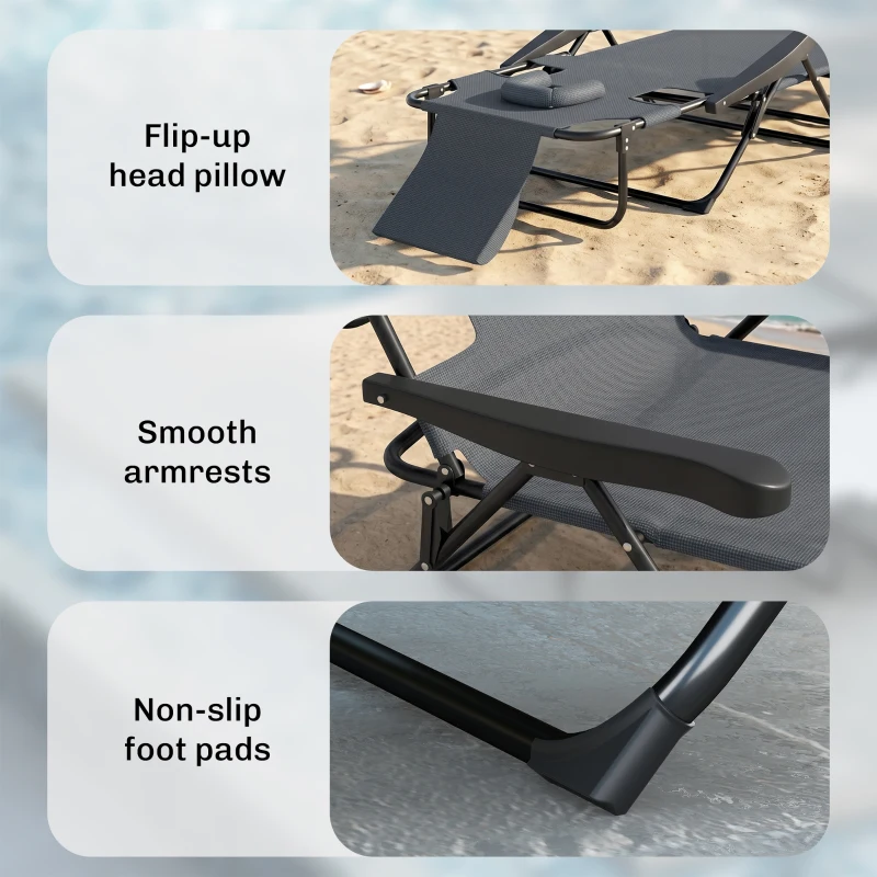 Outsunny Chaise longue de jardin pliante dossier réglable sur 4 niveaux, trou de lecture et appui-tête 72L x 194l x 89H cm Gris