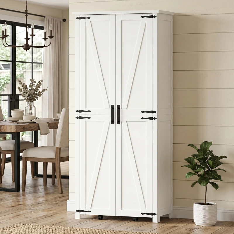 HOMCOM Buffet haut cuisine, armoire cuisine, 2 portes avec roulette, 6 compartiments, 14 porte-racks, étagères réglables, blanc