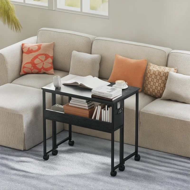 HOMCOM Bureau pliable sur roulettes 80 x 50 cm avec étagère et sac de rangement, noir