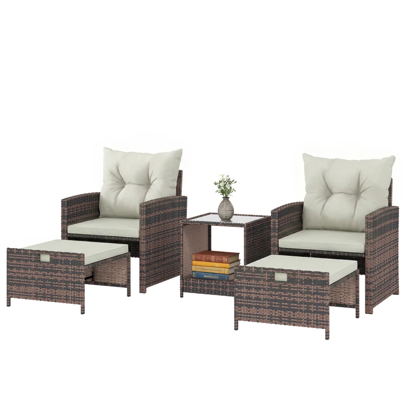 Outsunny Set da Esterno in Rattan e Acciaio 5pz con 2 Pouf, 2 Sedie e Tavolino da Caffè a 2 Livelli, Marrone e Crema