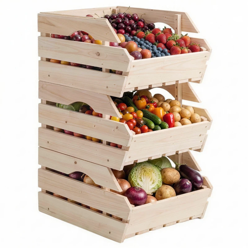 Outsunny Support de Corbeille à Fruits en Bois de Sapin à 3 Étages Amovibles, pour Fruits et Légumes, 27x37,5x60cm, Naturel