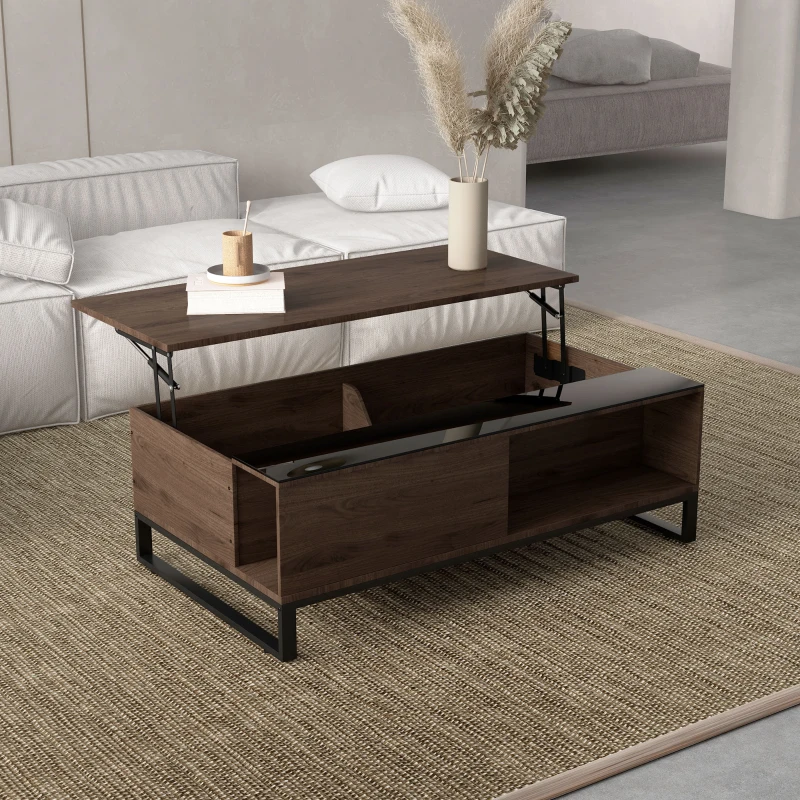 HOMCOM bijzettafel met liftfunctie, verborgen opbergvak, walsnushoutlook, stalen frame, 102 x 58 x 35,5 cm(m-2)