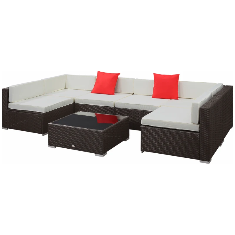 Outsunny Ensemble salon de jardin 7 pièces modulables, coussins déhoussables inclus, table basse avec plateau verre trempé, en résine tressée, brun foncé