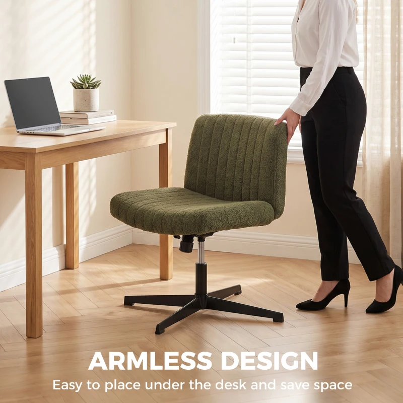 HOMCOM Teddy Fleece Criss Cross Legged Desk Chair, Armless Office Chair No Wheels, Green