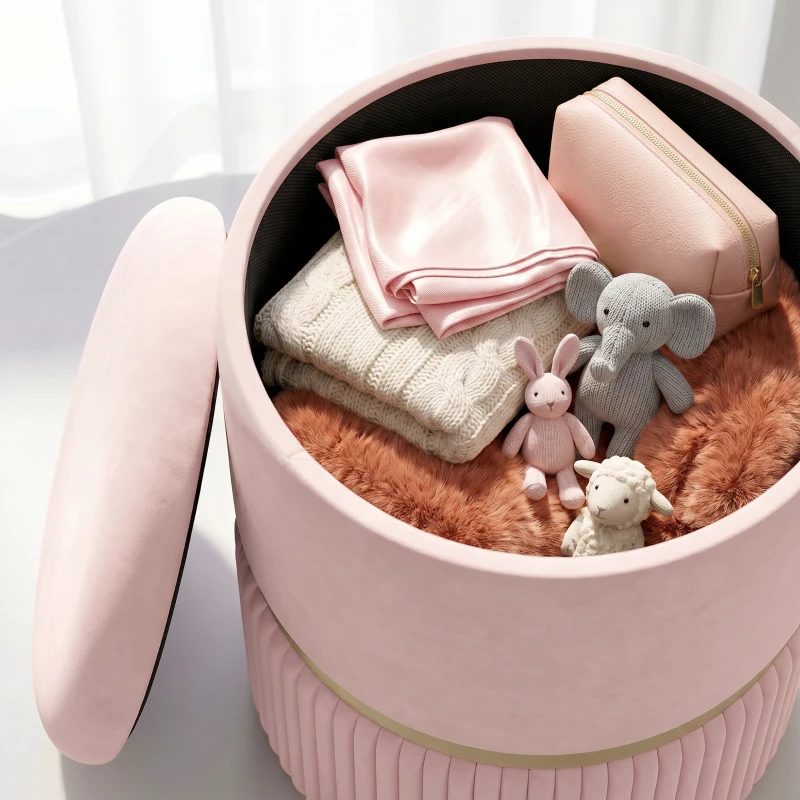 HOMCOM Pouf tabouret repose-pied coffre de rangement en velours côtelé 36 x 36 x 44 cm pour salon chambre rose