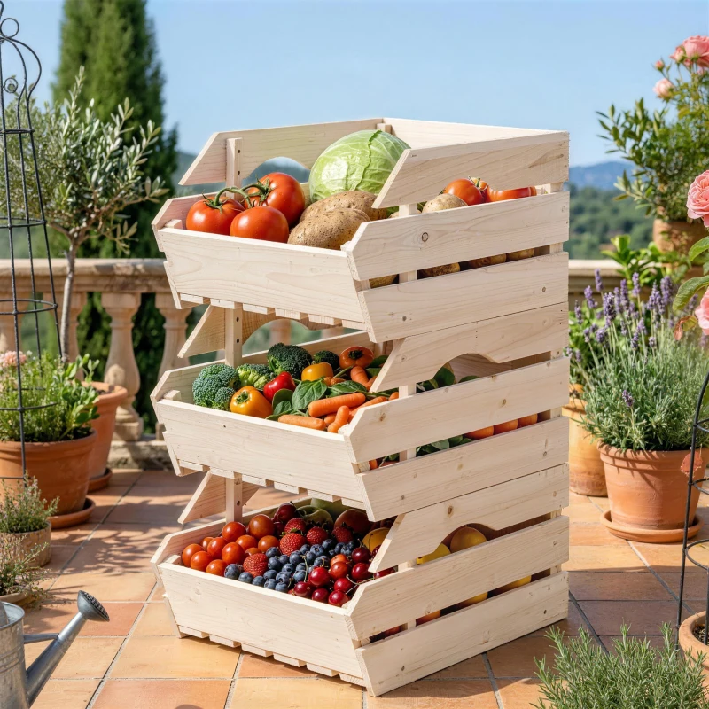 Outsunny Support de Corbeille à Fruits en Bois de Sapin à 3 Étages Amovibles, pour Fruits et Légumes, 27x37,5x60cm, Naturel