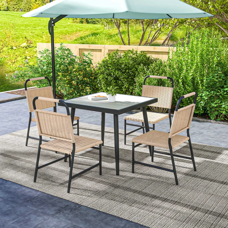 Outsunny Ensemble table carrée et 4 chaises de jardin, 5 pièces, plateau verre trempée, résine tressée effet rotin