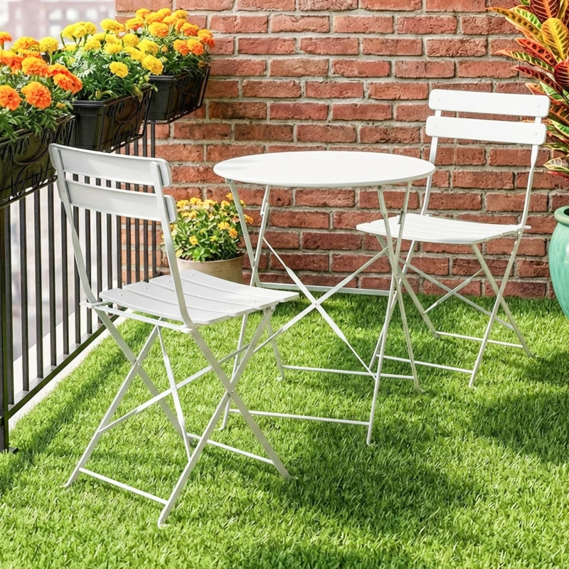 Outsunny Ensemble Bistrot de Jardin 3 Pièces Table et 2 Chaises Pliantes à Lattes Double Protection Antirouille Crème