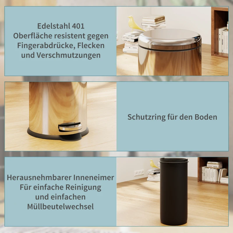 HOMCOM 30L Mülleimer Abfalleimer, Papierkorb, Treteimer mit Deckel, Fußpedal, Müllbehälter mit Inneneimer, Mülltrennung für Wohnzimmer, Büro, Rund