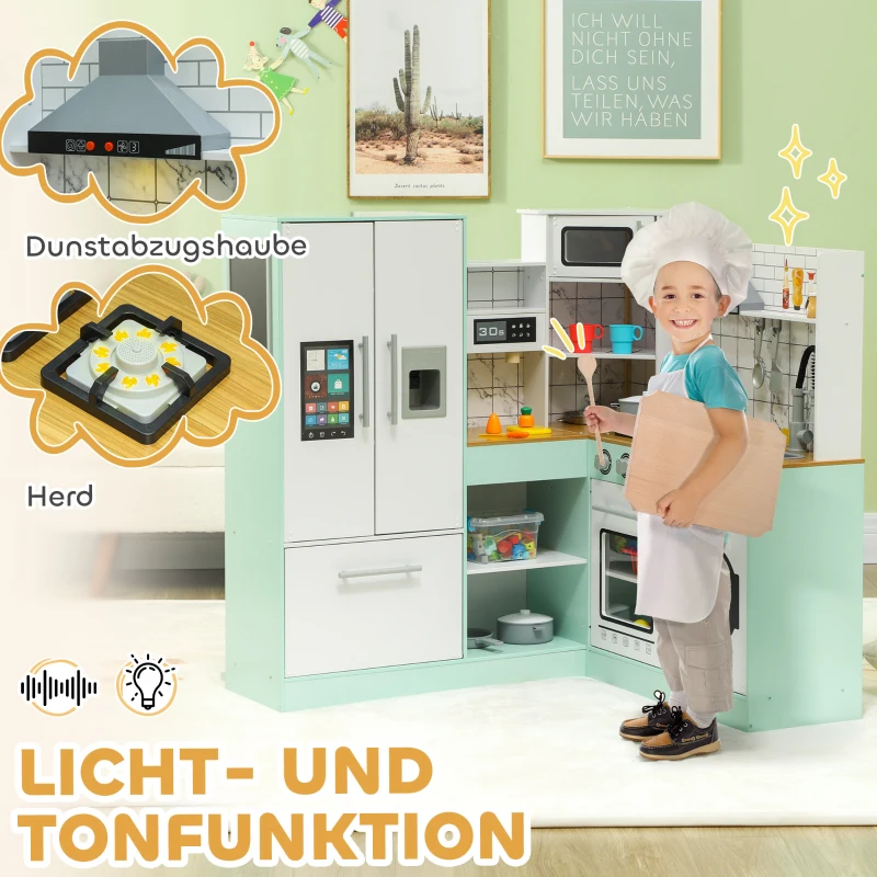 AIYAPLAY Houten Kinderkeuken met krijtbord, afzuigkap, ijsblokjesmachine, licht- en geluidseffecten – Speelkeuken cadeau voor jongens en meisjes vanaf 3 jaar, wit en groen(m-4)