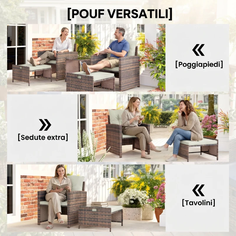 Outsunny Set da Esterno in Rattan e Acciaio 5pz con 2 Pouf, 2 Sedie e Tavolino da Caffè a 2 Livelli, Marrone e Crema