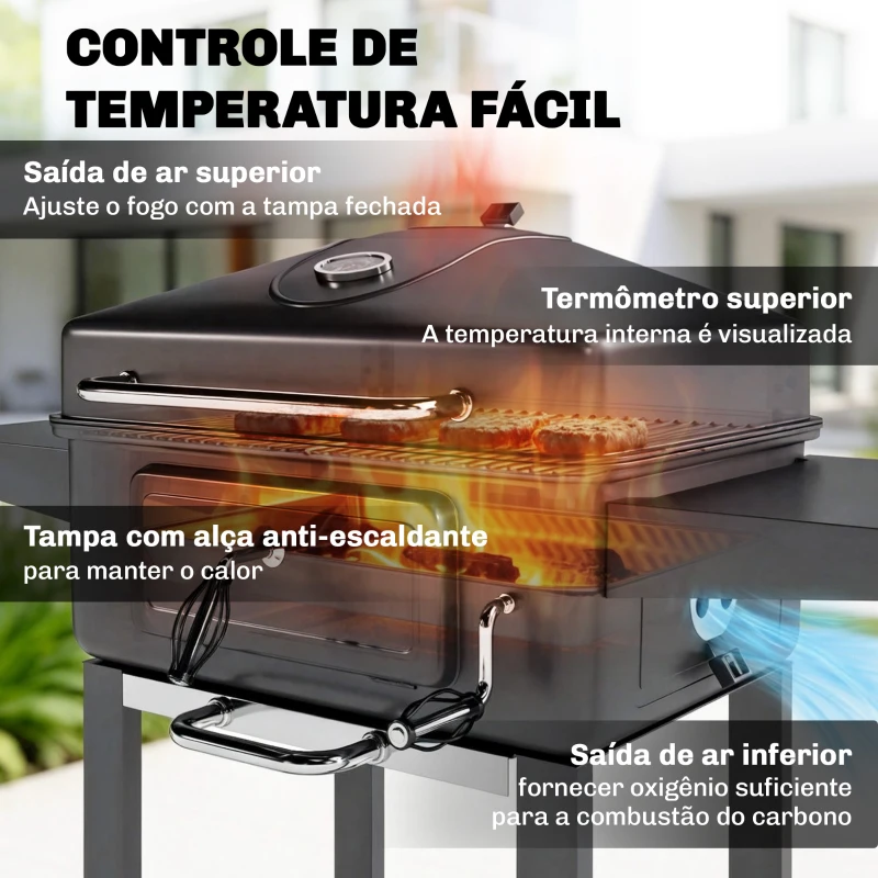 Outsunny Grelhador de Carvão com Bandeja e Ventilação Ajustável Prateleiras Laterais Rodas Termómetro Tampa e Porta